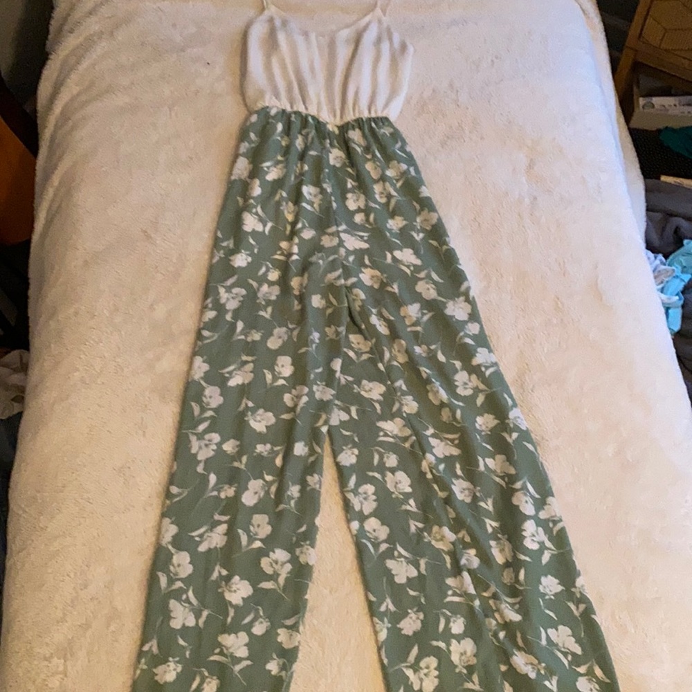 S White and mint green flower print jumpsuit